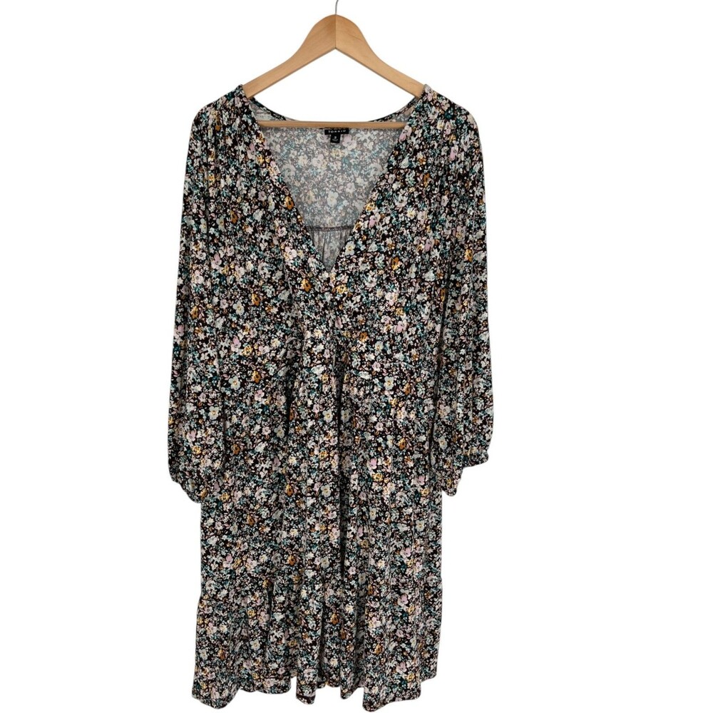 Torrid Dress Women's Size 3X Black Ditsy Floral V-Neck Tiered Long Sleeve Boho